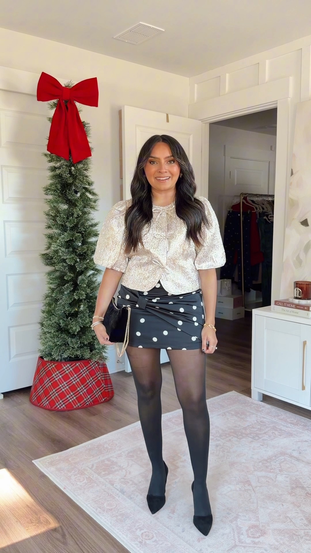 Champagne metallic textured bow lady jacket size xxs regular TTS
Black and ivory polka dot bow skirt size small TTS
Black tights size small TTS
Black heels size 5 TTS

#LTKHoliday #LTKPetite #LTKCyberWeek