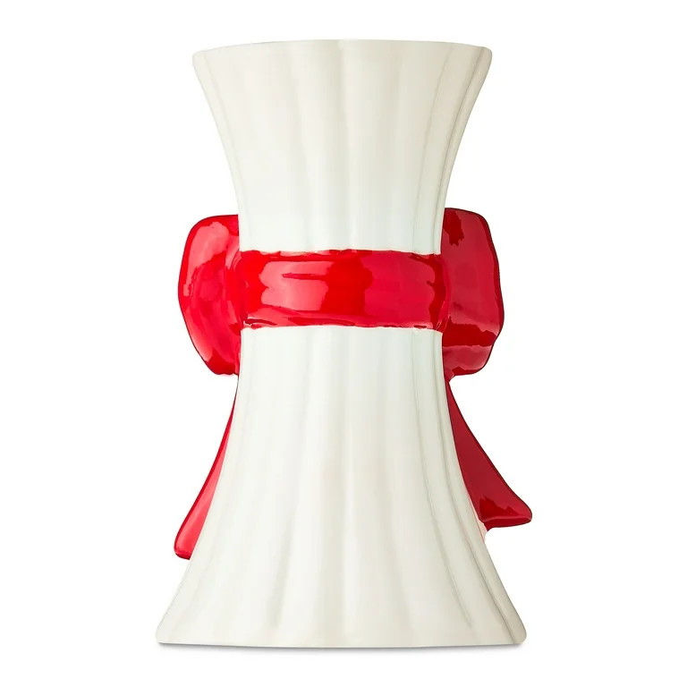 White Ceramic Christmas Taper Candle Holder with Bow, 5.5", by Holiday Time | Walmart (US)