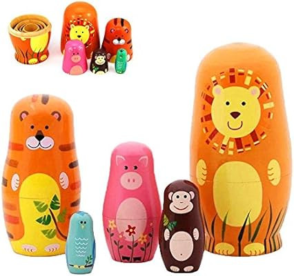 Maxshop 5 Pieces 6" Tall Cute Nesting Dolls - Handmade Wooden Different Pattern Small Items - Mat... | Amazon (US)