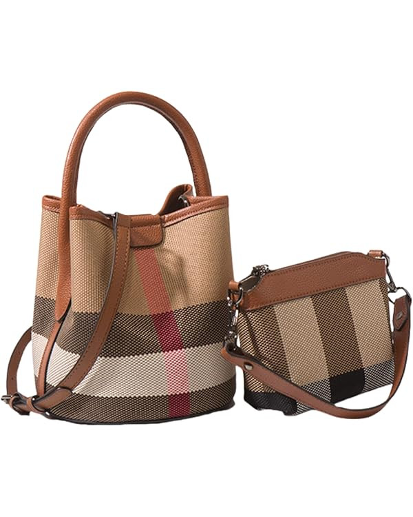 Tote Bag for Women, Leather Plaid Bucket Shoulder Bag Top Handle Canvas Crossbody Handbag Designe... | Amazon (US)