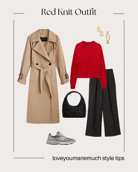 Styling one of the hottest fall/winter trends: red knits, with a staple trench coat, black office trousers and sneakers for a business casual look. 

#LTKstyletip #LTKHoliday #LTKworkwear