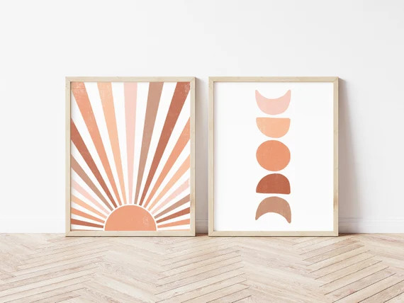 DIGITAL, Sun and Moon Print, Set of 2, Boho Decor, Midcentury Modern Wall Art, Neutral Wall Art, ... | Etsy (US)