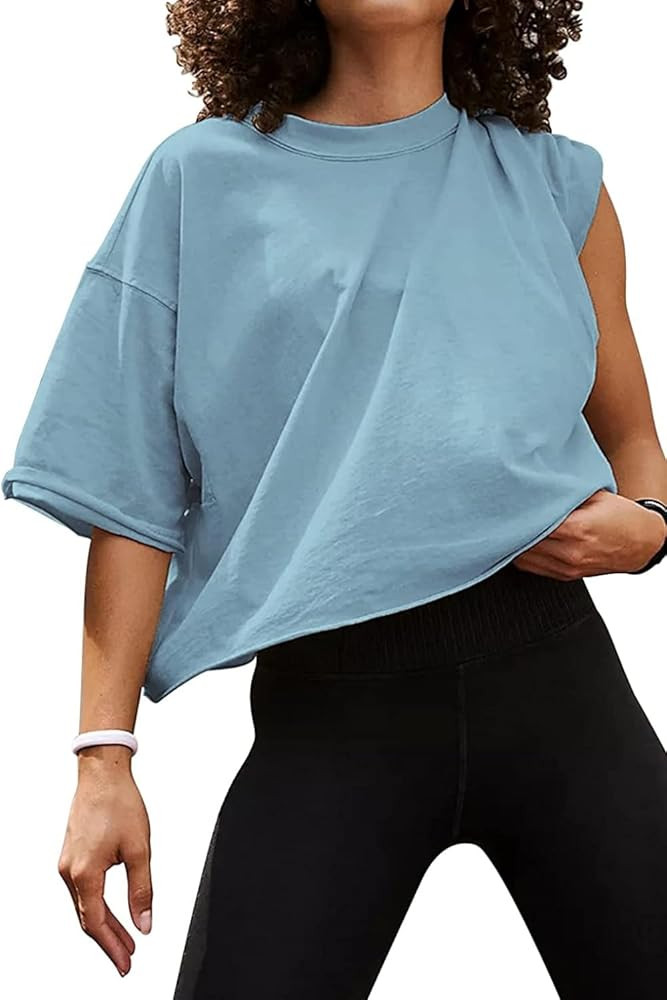 Carpetcom Oversized Workout Shirts for Women Short Sleeve Drop Shoulder Casual Crop Tops Baggy Gy... | Amazon (US)