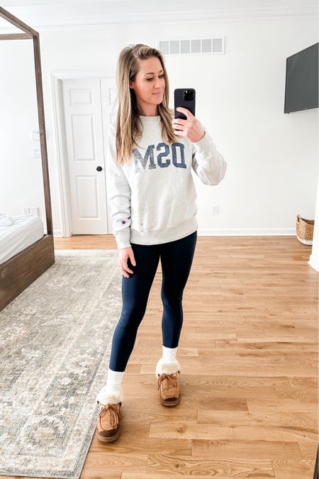 Perfect snowy day outfit for running around! Linked similar sweatshirts. Athleisure better never go out of style because it’s so easy to do walks and errands looking comfy and cute! Also these navy leggings 😍

#LTKfitness #LTKstyletip #LTKSeasonal