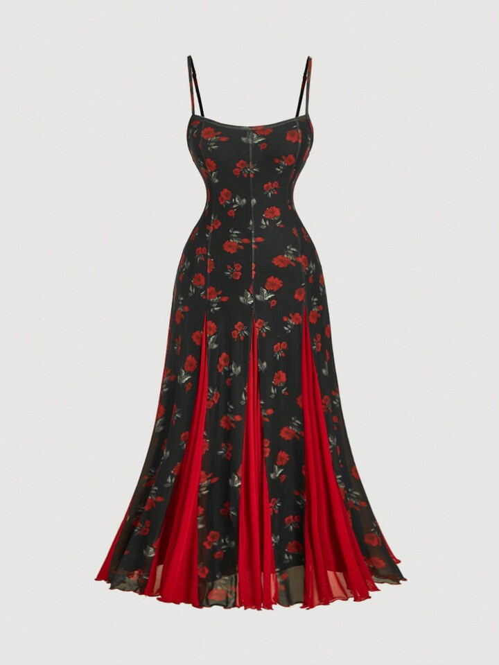 SHEIN MOD Plus Size Retro Romantic Floral Mesh Contrast Maxi Cami Sundress, For Summer,Beach Dress Sundress,Holiday Outfits Boho | SHEIN