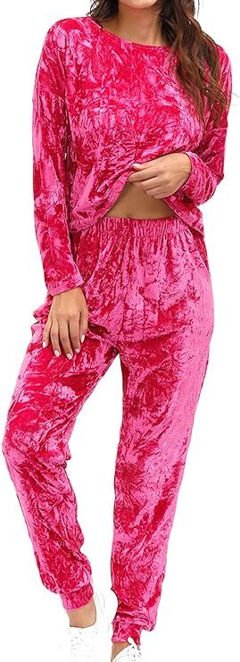 Velvet Lounge Set For Women - Wrinkle Solid Two Piece Loungewear Pajamas Tracksuit Sets | Amazon (US)