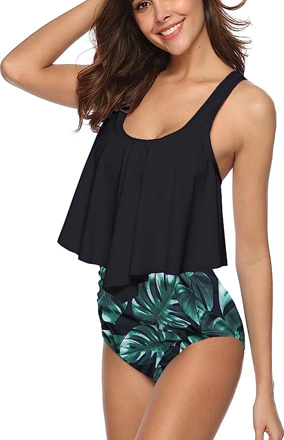 SouqFone Swimsuits for Women Two Piece Bathing Suits Ruffled Flounce Top with High Waisted Bottom... | Amazon (US)
