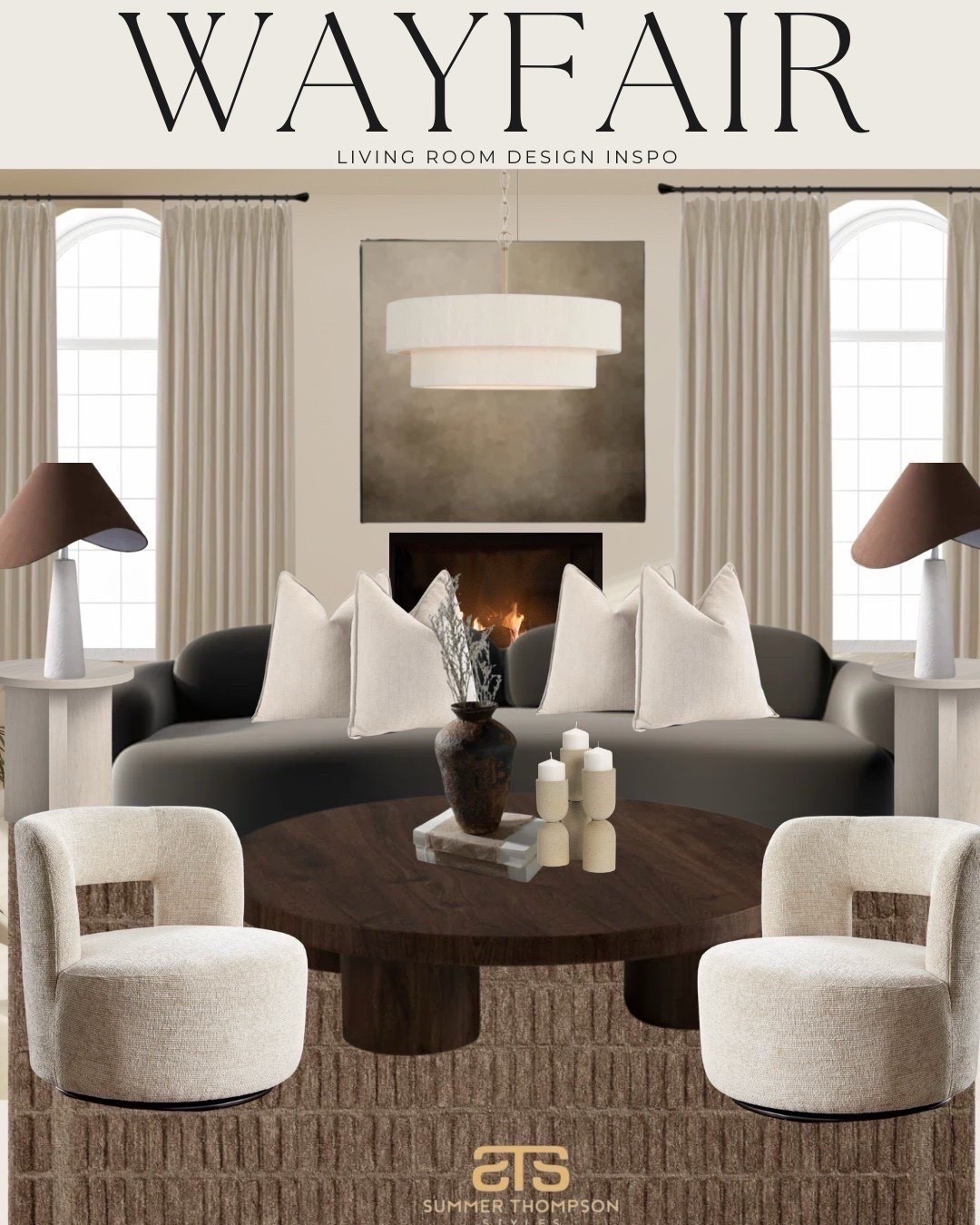 Warm neutrals + bold contrast = the cozy living room of my dreams 🖤✨ Rounded chairs, moody lighting, and layered textures from Wayfair to elevate your space just in time for summer hosting. Everything linked on my LTK!

#WayfairFinds #LivingRoomInspo #NeutralHomeDecor #InteriorDesignIdeas #HomeDecorLovers #ModernLivingRoom #WayfairStyle #CozyInteriors #TexturedDecor #RoundedFurniture
#summerthompsonstyles

#LTKHome
