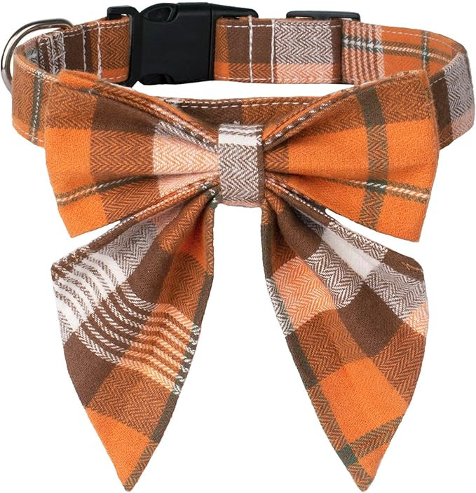 ADOGGYGO Fall Thanksgiving Dog Collar with Bow, Orange Plaid Dog Bowtie, M | Amazon (US)