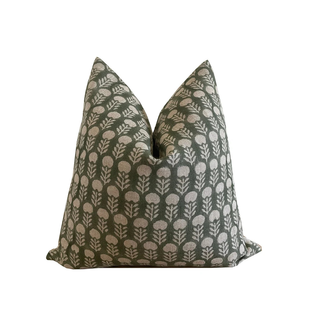 Green Block Print Linen Pillow Cover - Etsy | Etsy (US)