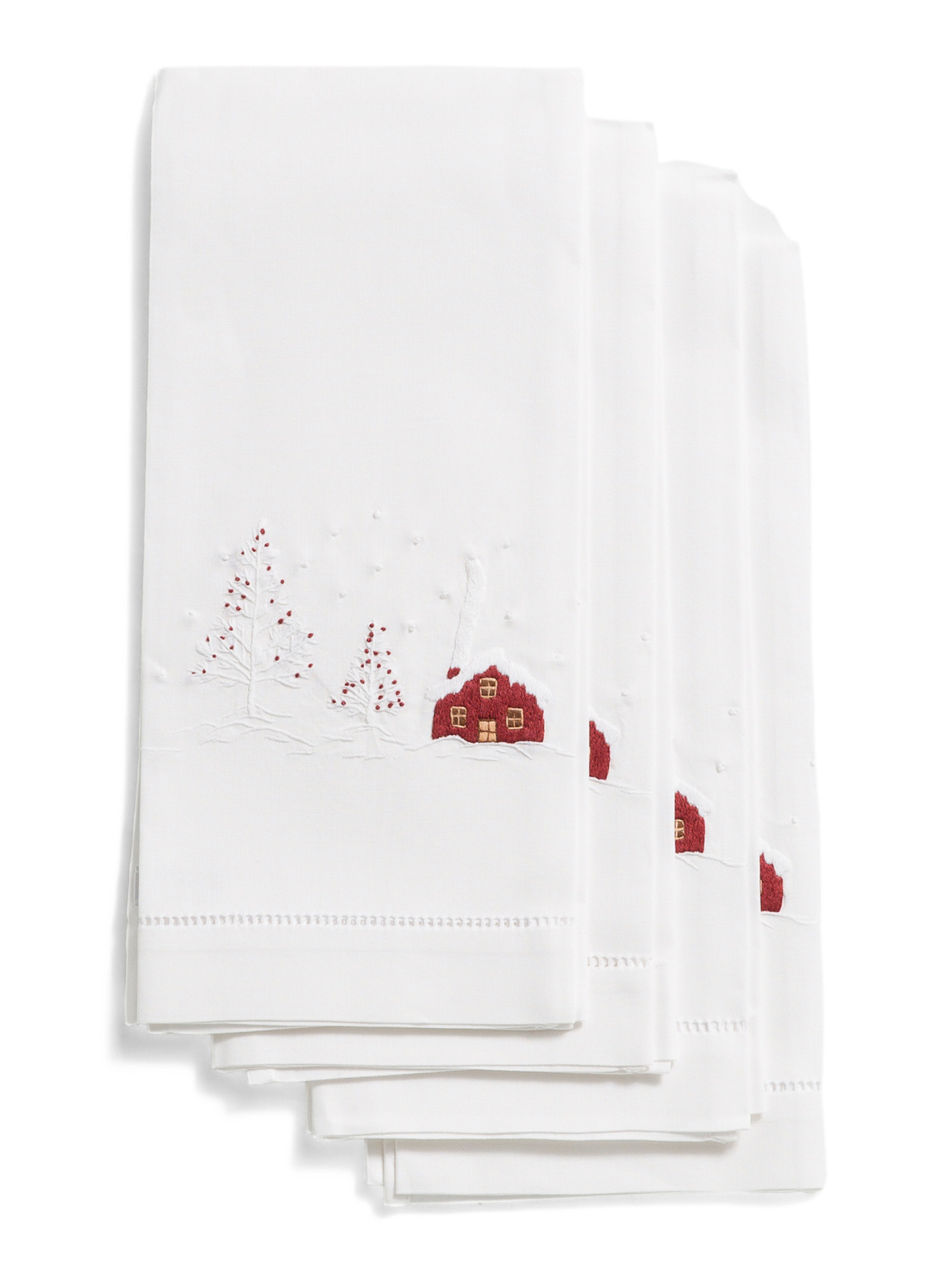 Set Of 4 Hand Embroidered Little Red House Hand Towels | TJ Maxx