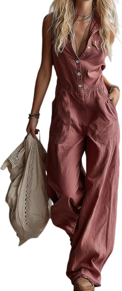 Jumpsuit Women V Neck Sleeveless Solid Color Button Down Wide-Leg High Waist Going Out Rompers | Amazon (US)