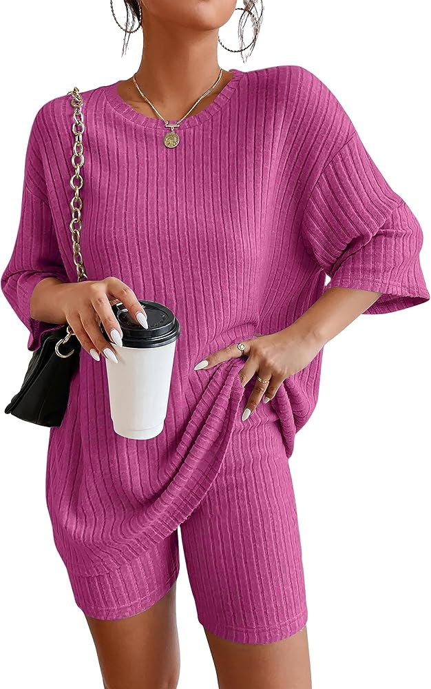 wkwmrpet Summer 2 Piece Set women Outfits Ribbed Short Sleeve Drop Shoulder Oversized T Shirts an... | Amazon (CA)
