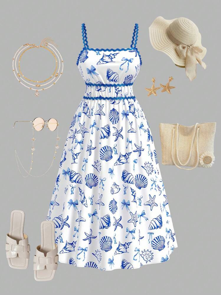 SHEIN MOD Plus Size Blue & White Ocean Creature Print Midi Wavy Strap Dress.Women Summer Dress,Birthday Dresses For Women,Vestidos Elegantes De Mujer,Dresses For Women | SHEIN