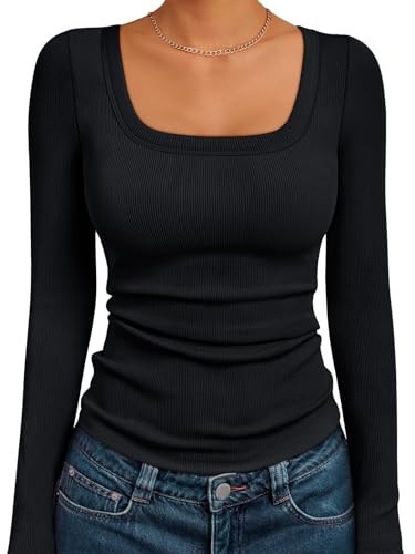 AUTOMET Womens Long Sleeve Tshirts Square Neck Tops Trendy Business Casual Work Basic Crop Tops Teacher School Outfits Black S | Amazon (US)