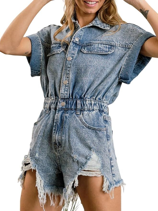 ChiyeeKiss Women's Distressed Denim Romper Short Cuffed Sleeve Jean Jumpsuit Collared Ripped Fray... | Amazon (US)