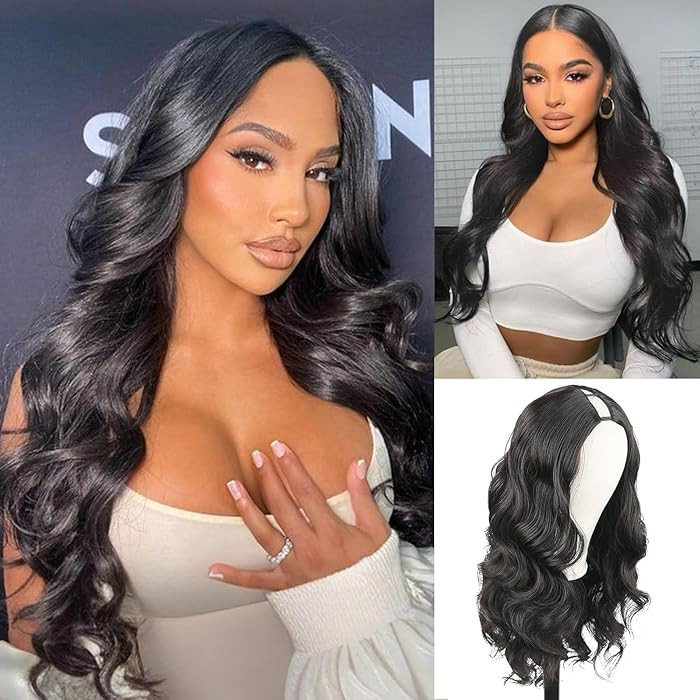 SCENTW Full Head Body Wave Synthetic Wigs for Women, 26inch Black Hair, No Leave Out Thin V Part ... | Amazon (US)