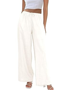 Duyang Womens Cotton Linen Palazzo Pants Drawstring Elastic Waist Casual Wide Leg Trousers with P... | Amazon (US)