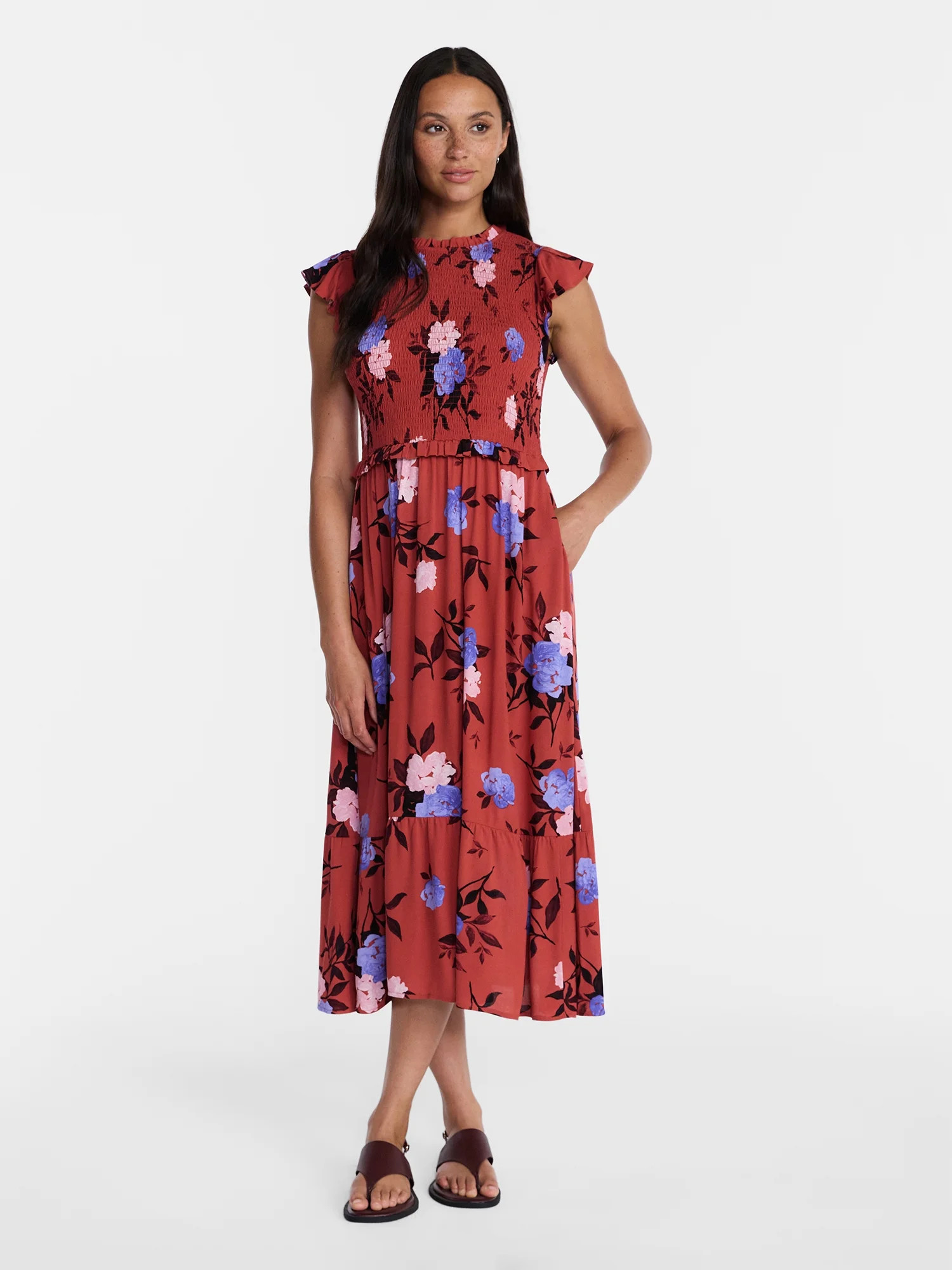 Time and Tru Women's and Women's Plus Smocked Bodice Midi Woven Dress, Sizes XS-4X - Walmart.com | Walmart (US)