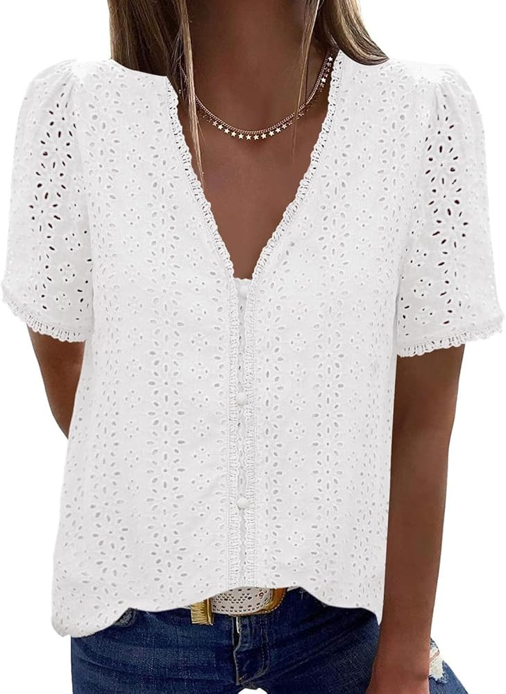 LookbookStore Women's Casual Summer Lace Tops V Neck Short Sleeve Blouses Shirts | Amazon (US)