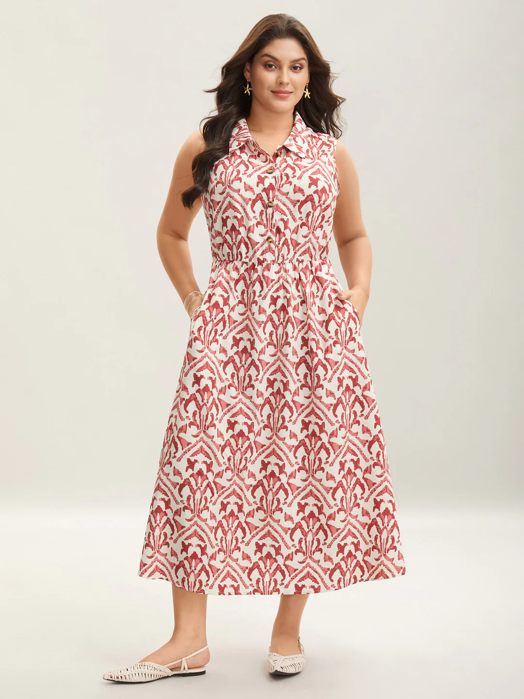 Spring Abstract Print Shirt Collar Midi Dress | Bloomchic