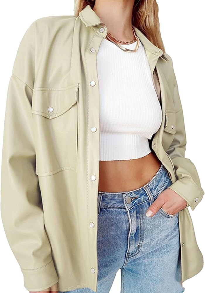 Zontroldy Faux PU Leather Shacket Jacket Women Spring Fall Fashion Button Shirt Jacket Blazer Coa... | Amazon (US)