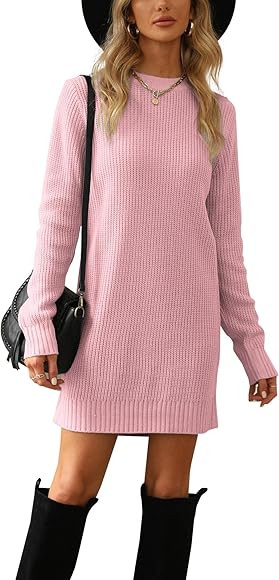 Pretifeel Womens Sweater Dress Fall Winter Casual Crew Neck Long Sleeve Knitted Pullover Dress | Amazon (US)
