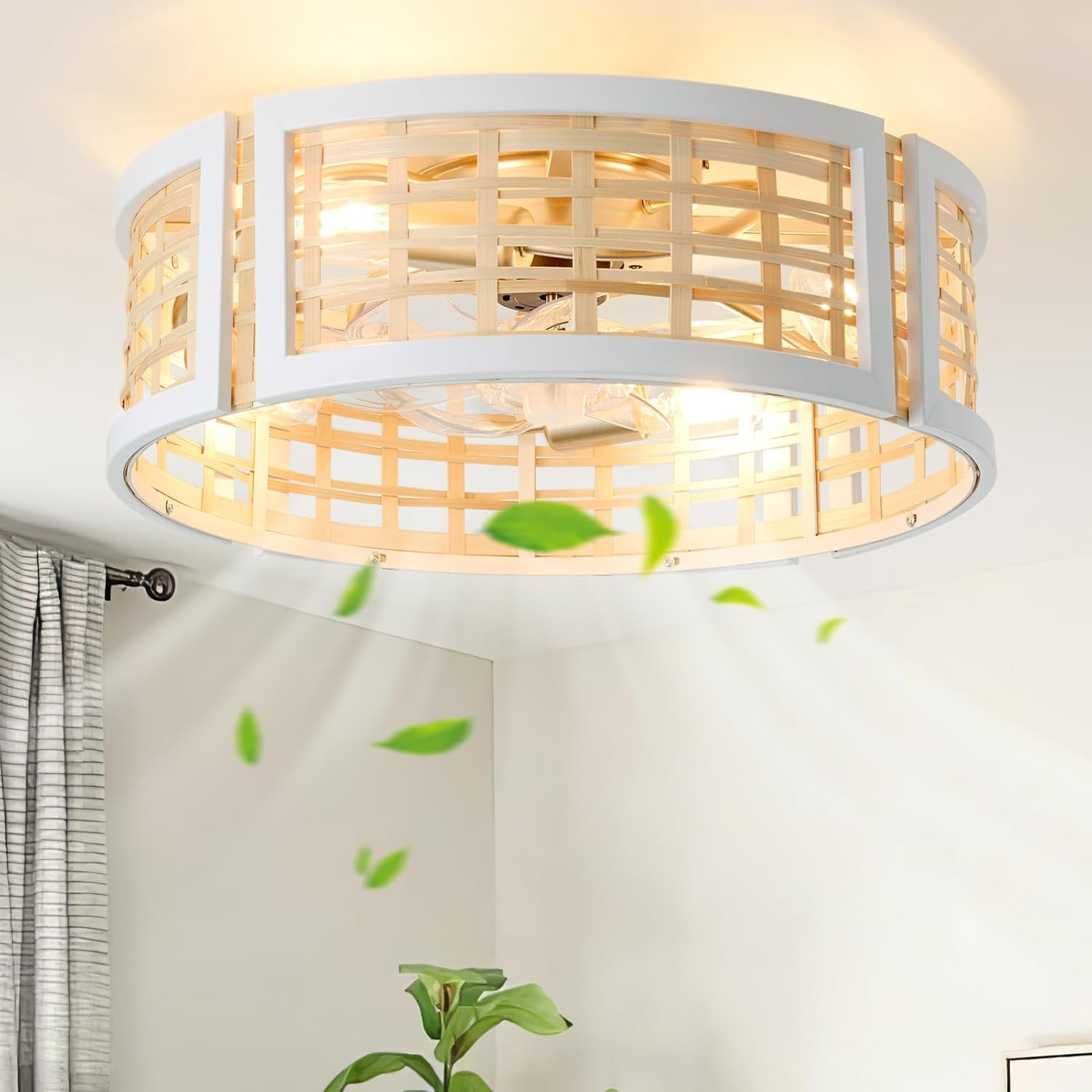 luansky 20 Inch White Boho Ceiling Fan with Light Flush Mount, Enclosed Rattan Caged Ceiling Fans... | Amazon (US)