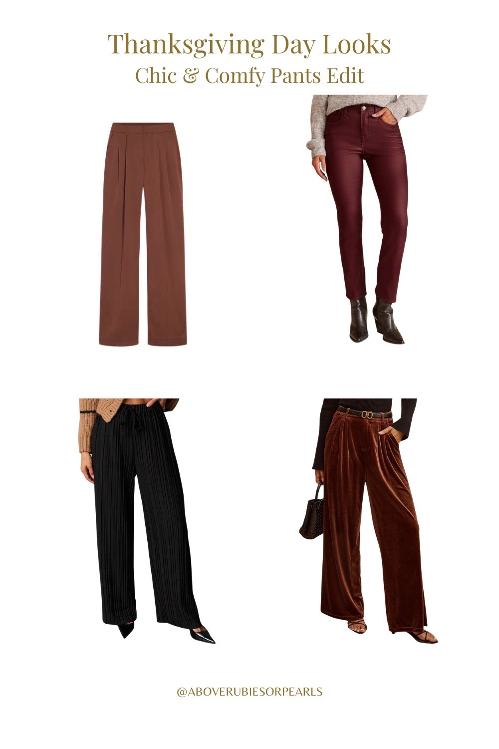 Comfort meets chic 🤎
These pants are perfect for Thanksgiving — stylish enough for photos, comfy enough for seconds! From rich chocolate and burgundy tones to luxe velvet and soft joggers, these pieces pair beautifully with so many of the tops I’ve already shared (or favorites from your own closet).

Featuring:
✨ White House Black Market
✨ VICI Collection

#ThanksgivingOutfitIdeas #LTKHolidayLooks #FallFashionInspo #VICILooks #WHBMStyle #ThanksgivingStyle

#LTKSeasonal #LTKStyleTip #LTKHoliday
