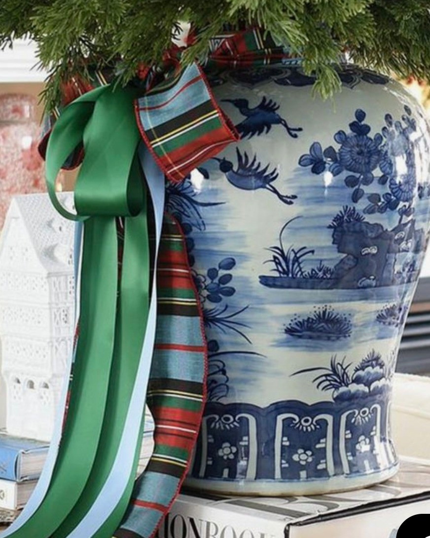My inspo pic from Pinterest.I found giant blue and white chinoiserie ginger jar at HomeGoods tracked down the ribbon and didn't look backDon't be afraid to play around with the color or shape of the urn or lamp

#LTKdayinmylife #LTKHome