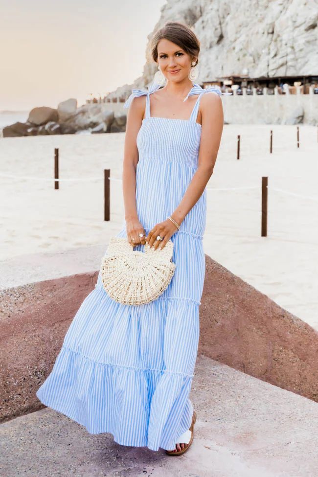 CAITLIN COVINGTON X PINK LILY The Santorini Striped Blue/White Maxi Dress | The Pink Lily Boutique