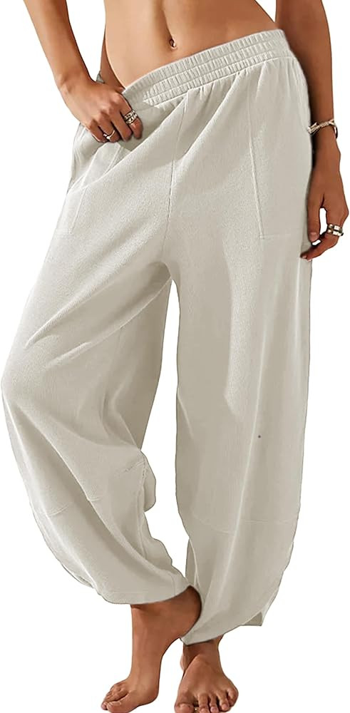 Xiaoxuemeng Womens Baggy Wide Leg Pants Casual Elastic Waisted Palazzo Harem Pants with Pockets | Amazon (US)