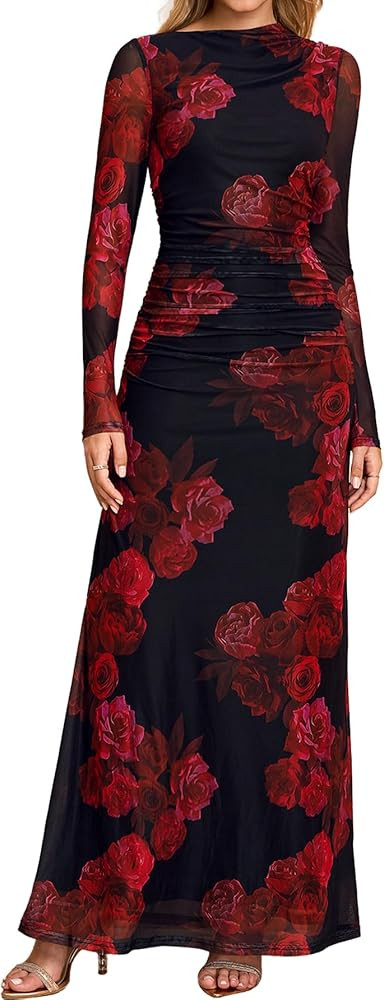 HTZMO Women Fall Long Sleeve Bodycon Floral Maxi Dress Ruched A Line Flowy Wedding Guest Formal P... | Amazon (US)