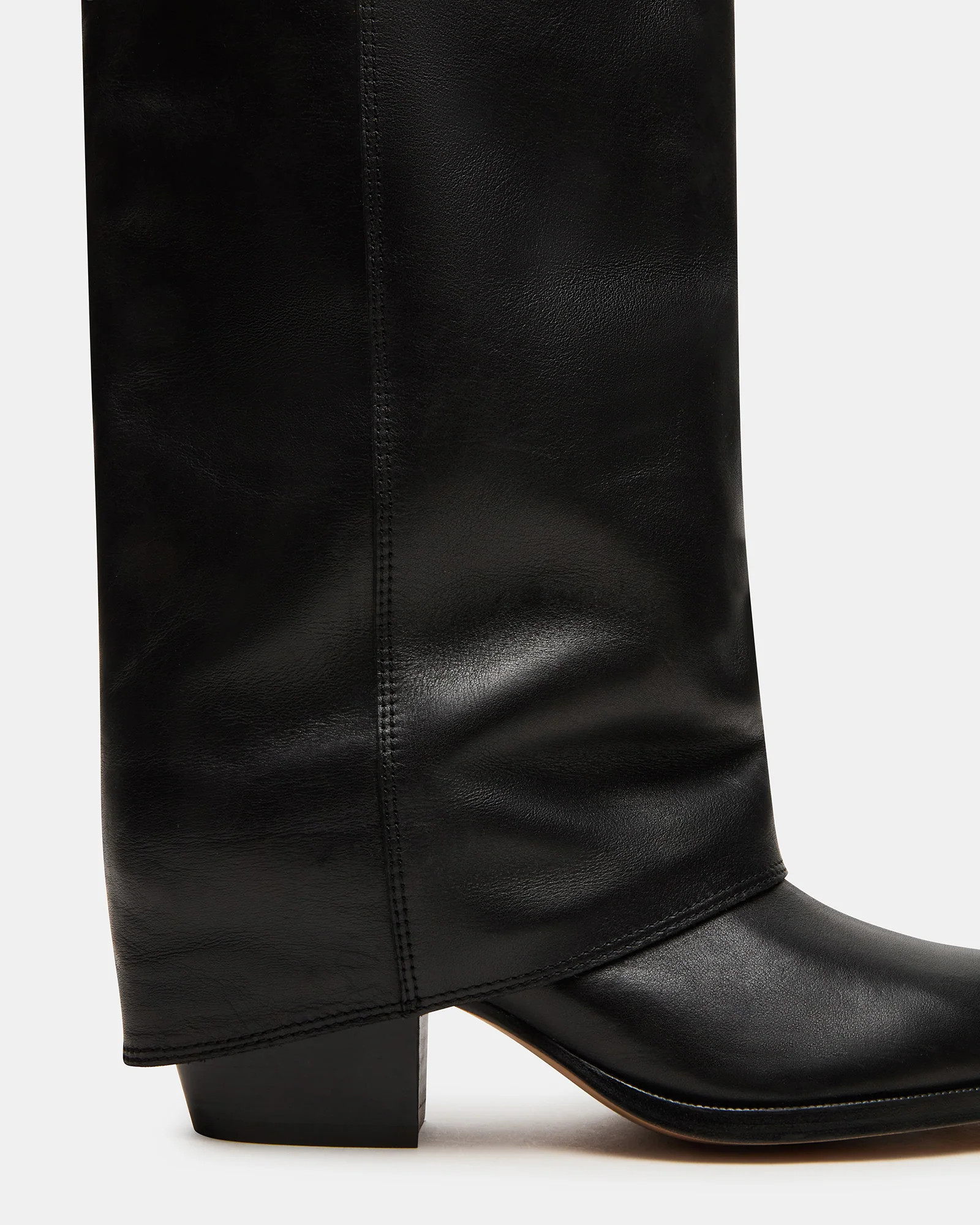 WINNICK Black Leather Knee-High Cuffed Fold-Over Block Heel Women's Boot | Steve Madden (US)