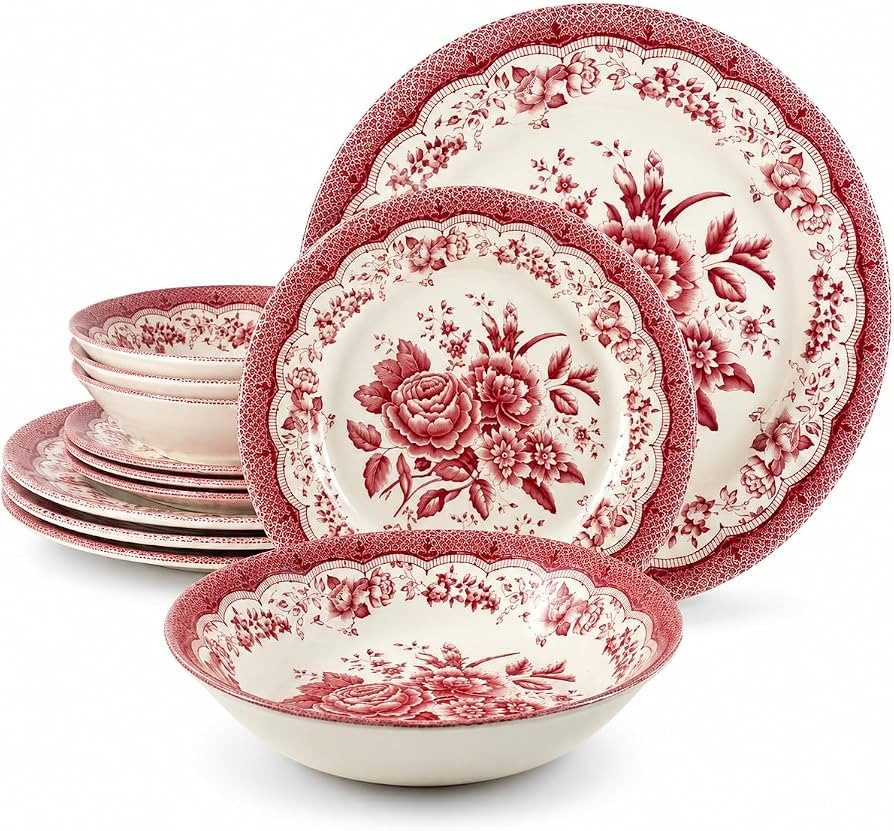 Tudor England 12-Piece Porcelain Dinnerware Set for 4, Victoria Red | Amazon (US)