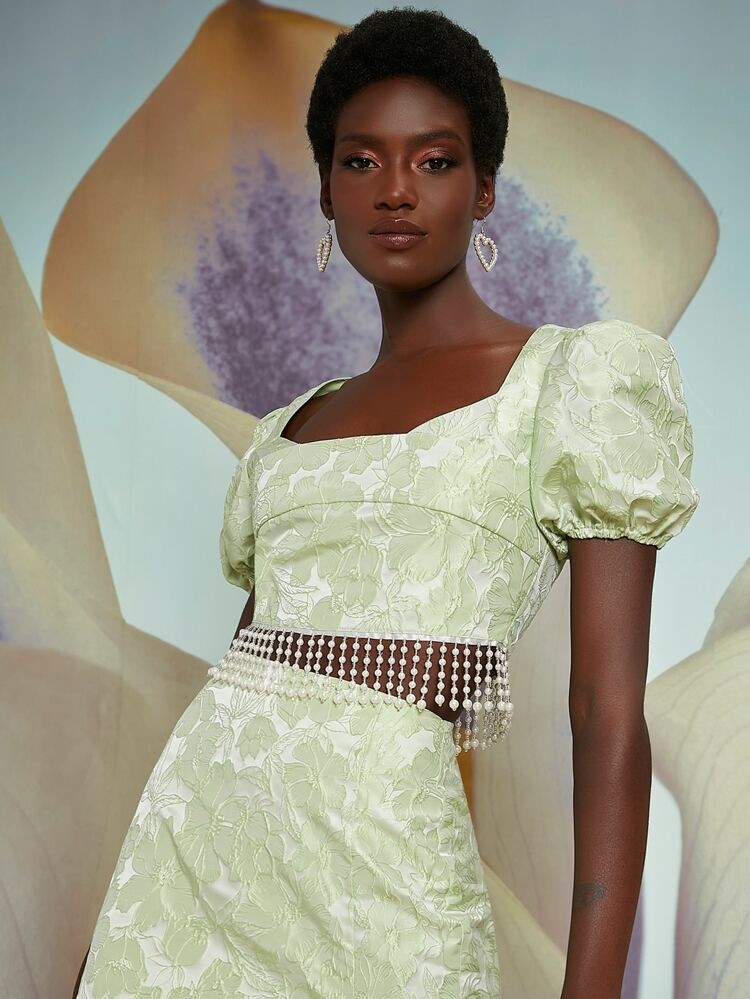 SHEIN X Penelope Ping Puff Sleeve Pearl Fringe Hem Floral Jacquard Satin Top | SHEIN