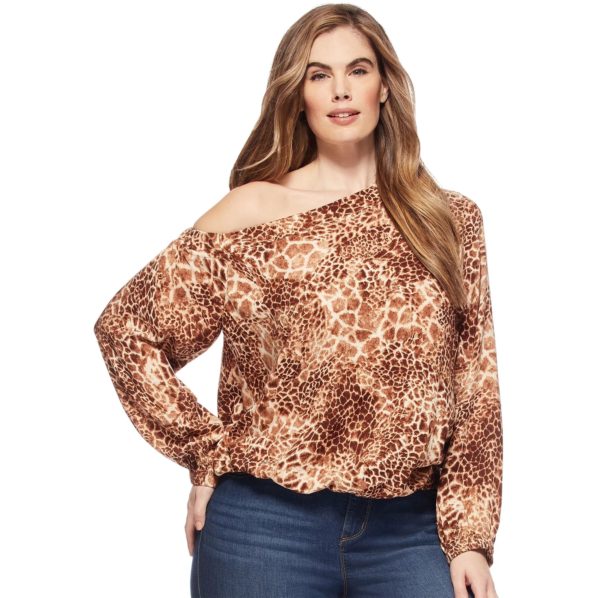 Sofia Jeans by Sofia Vergara Plus Size Long Sleeve One Shoulder Animal Print Top | Walmart (US)
