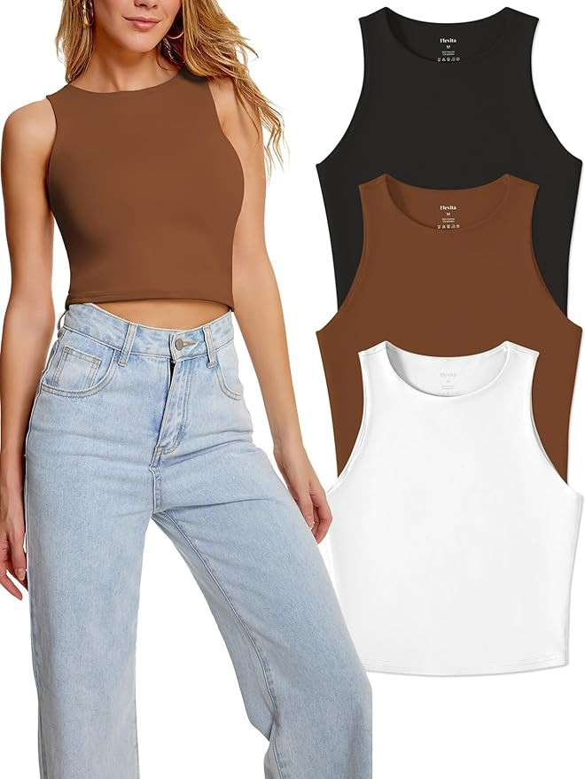 Flevita Women's Crop 3-Pack Tops Sleeveless Racerback Halter Cropped Shirts Sexy Basic Tank Tops | Amazon (US)