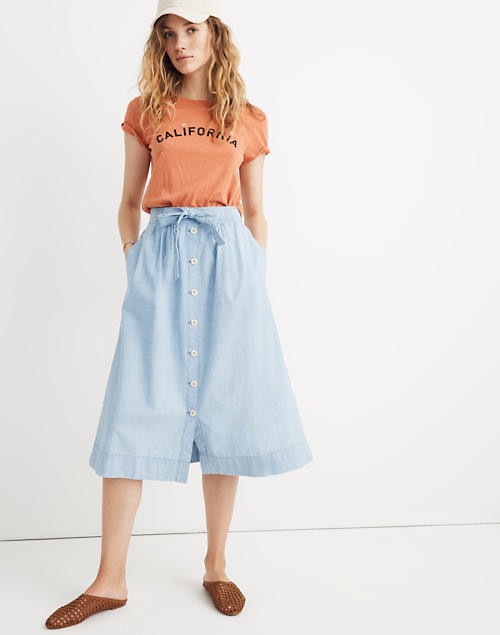 Tie Palisade Button-Front Midi Skirt in Chambray | Madewell