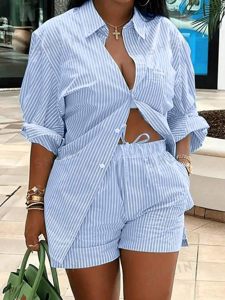SHEIN Essnce Plus Size Striped Shirt And Shorts Set | SHEIN