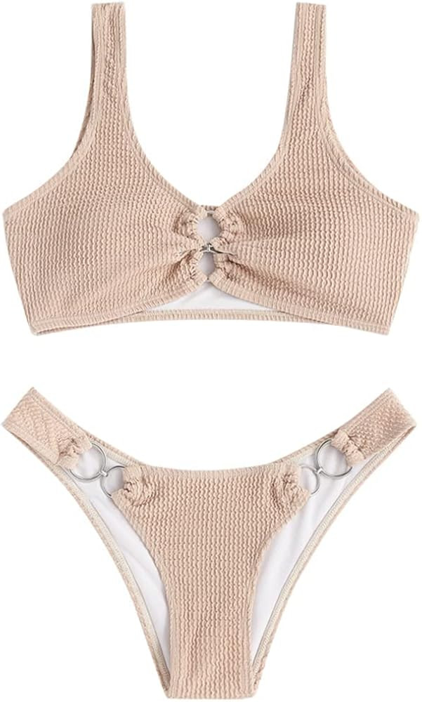 ZAFUL Women's Ribbed O-Ring String Bikini Swimsuit Cheeky Thong Swimwear Two Pieces Bathing Suit | Amazon (US)