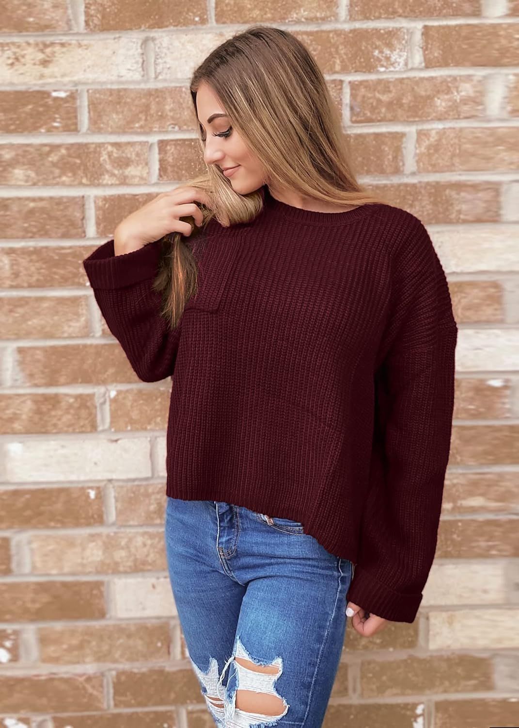 KIRUNDO Women's Fall Sweaters Long Sleeve Crew Neck Loose Cropped Oversized Sweaters Knitted Pull... | Amazon (US)