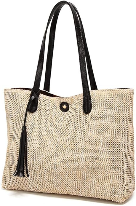 Women Straw Summer Beach Bag Handwoven Big Tote Leather Shoulder Handbag with Tassel Decorate | Amazon (US)