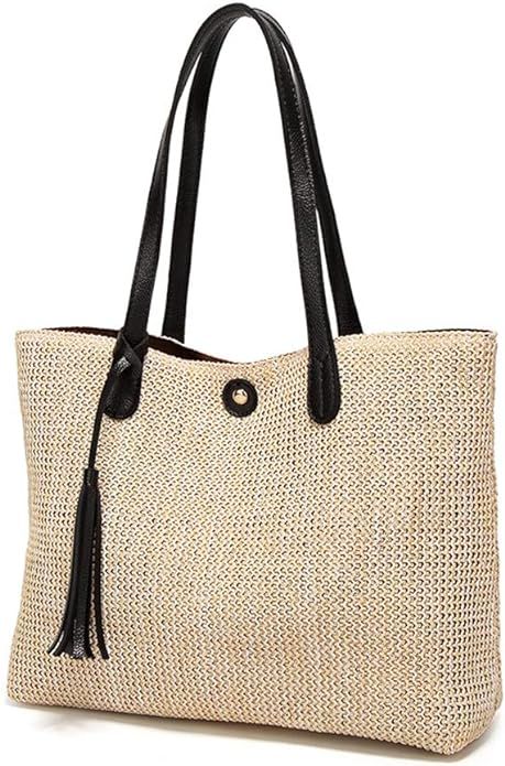 Women Straw Summer Beach Bag Handwoven Big Tote Leather Shoulder Handbag with Tassel Decorate | Amazon (US)