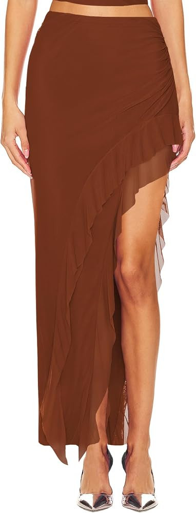 WISFRUIT Women's Sexy Ruched Mesh Skirt High Waisted Asymmetrical Flowy Ruffle Bodycon Long Skirt... | Amazon (US)