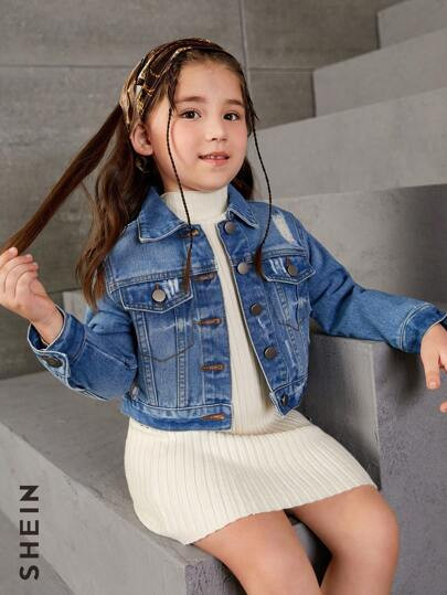 SHEIN Playful Pals Young Girl Ripped Flap Pocket Denim Jacket, School, Campus, College | SHEIN