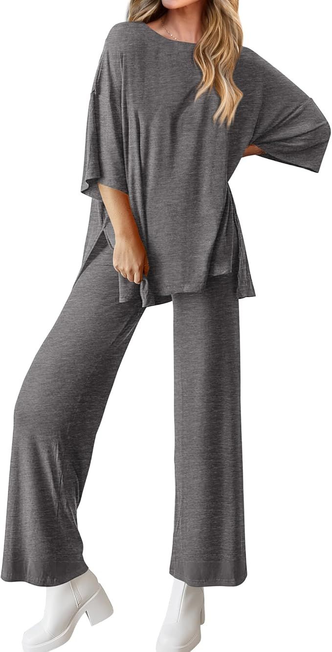 BTFBM Women 2 Piece Outfits Casual Loose Slit Short Sleeve Top Wide Leg Pants Matching Lounge Set... | Amazon (US)