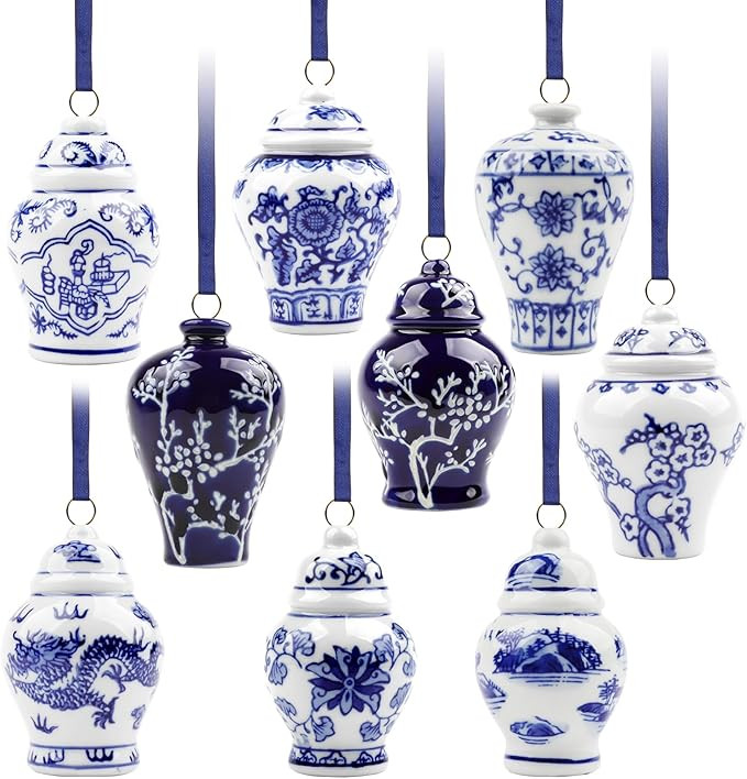 YIYA 9 Pack Porcelain Christmas Tree Ornaments 3.5 in Blue and White Ornaments Christmas Chinoise... | Amazon (US)