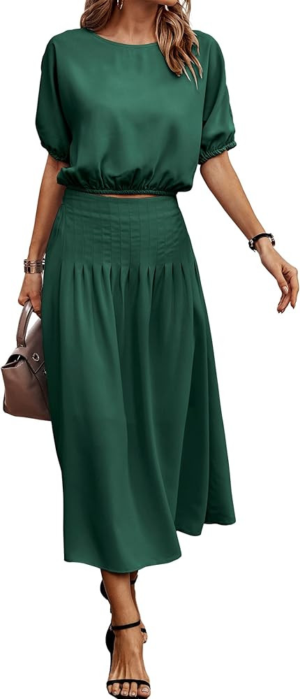 ECOWISH Women's Dresses 2023 Two Piece Outfits for Women Summer 2 Piece Dress Pleated Midi Skirt ... | Amazon (US)