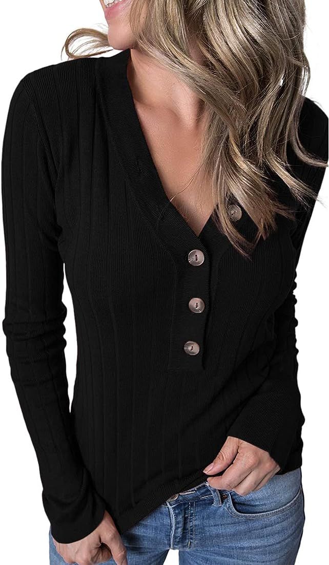 MEROKEETY Women's Long Sleeve V Neck Ribbed Button Knit Sweater Solid Color Tops | Amazon (US)
